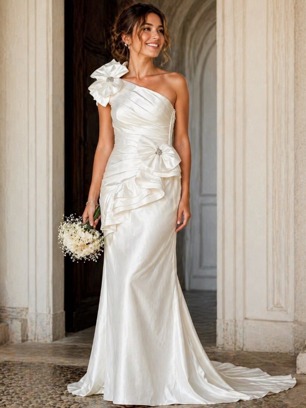 Vintage 80s One Shoulder Bridal Dress Union Made NOS Glam Wedding Gown Sz 12